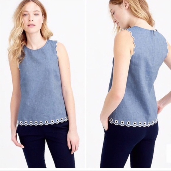J. Crew Tops - J. Crew Chambray Sleeveless Blouse with Scalloped Trim and Grommet Accents Size